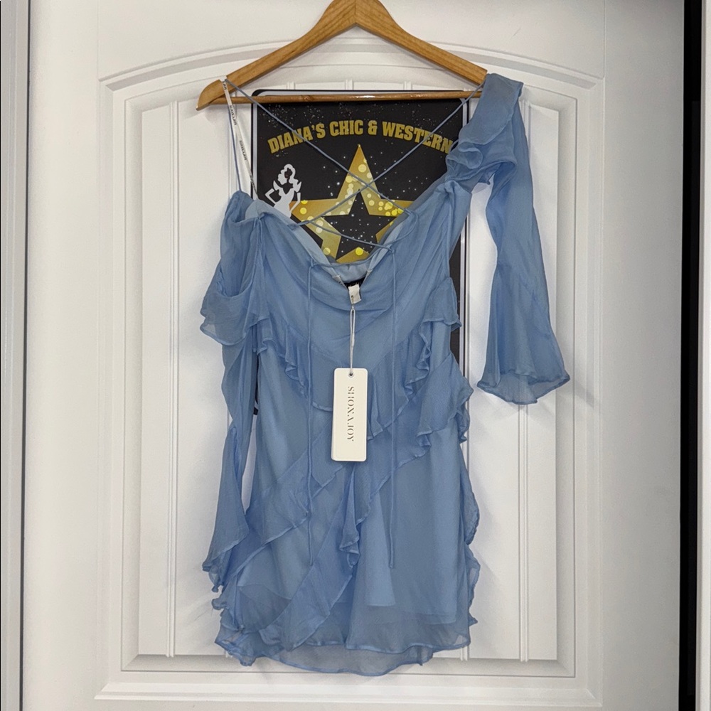 Shona Joy Layla Long Sleeve Ruffle Mini Dress in Sky - Picture 3 of 8